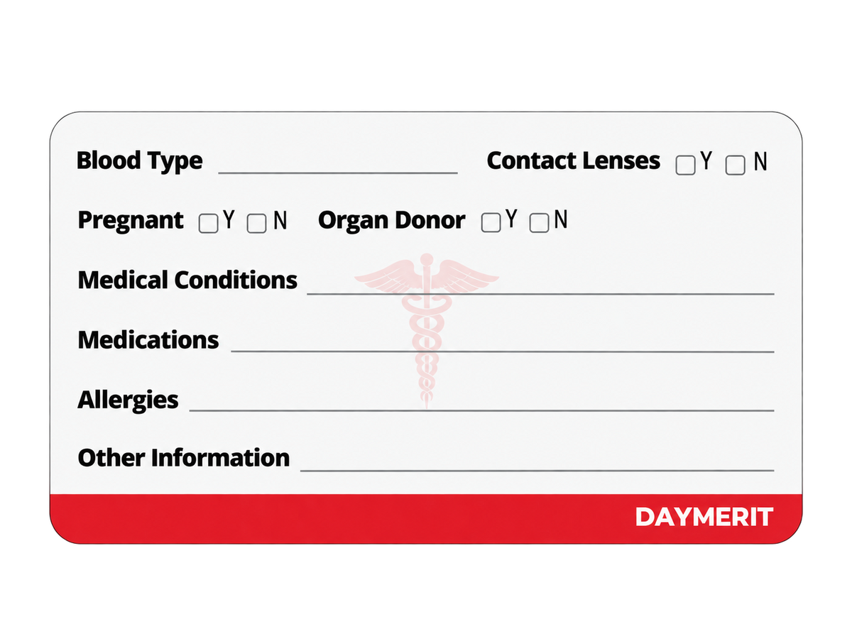 Back of the DAYMERIT medical information card