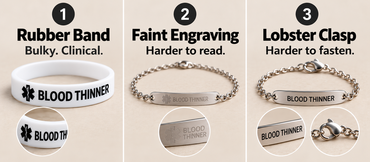 Three common medical ID bracelet designs: bulky rubber band, low-contrast engraved metal bracelet, and a lobster clasp bracelet