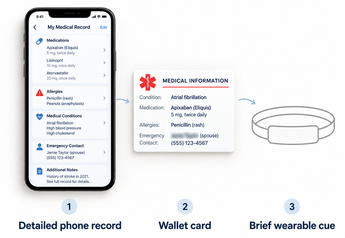 Simple visual comparison of a phone, medication card and wearable cue