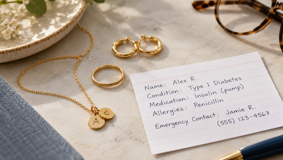 Ordinary jewelry displayed near a medication information card