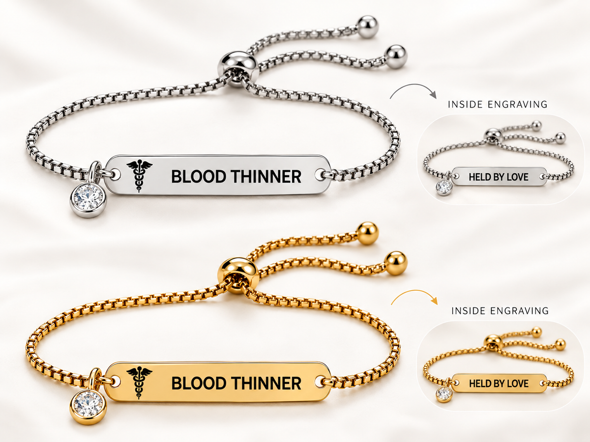 DayMerit WristNote Gold and Silver medical ID bracelets with readable BLOOD THINNER engraving