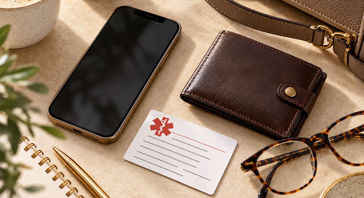 Everyday wallet, medication card, phone and reading glasses