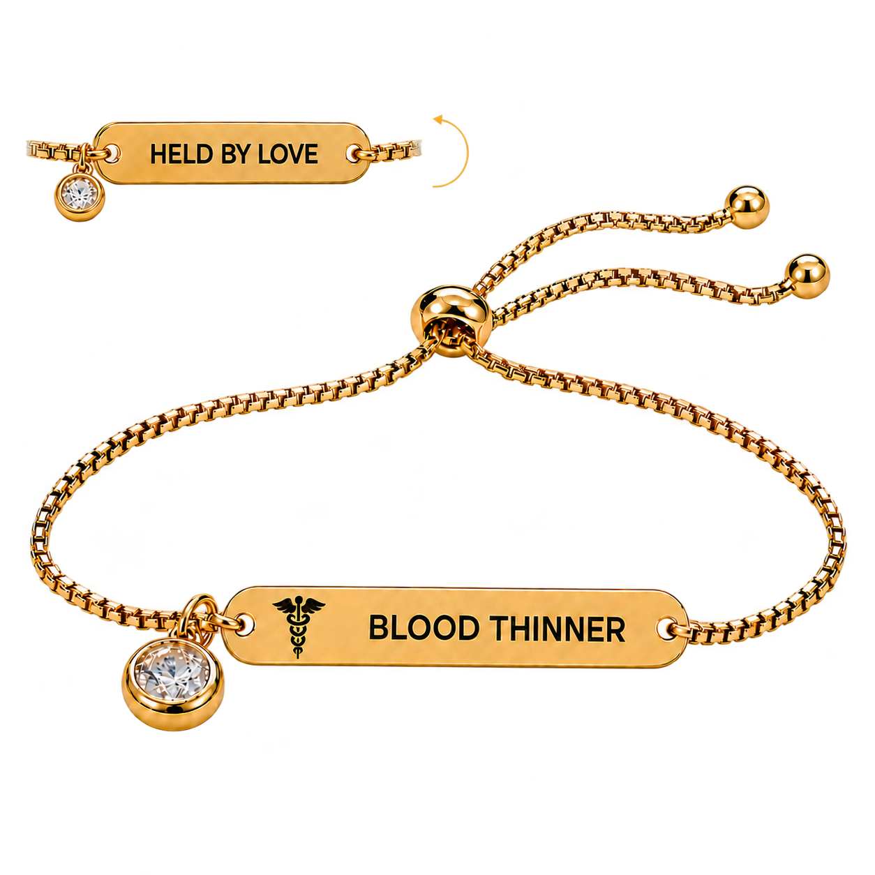 Gold DAYMERIT medical ID bracelet with BLOOD THINNER front engraving and HELD BY LOVE reverse engraving